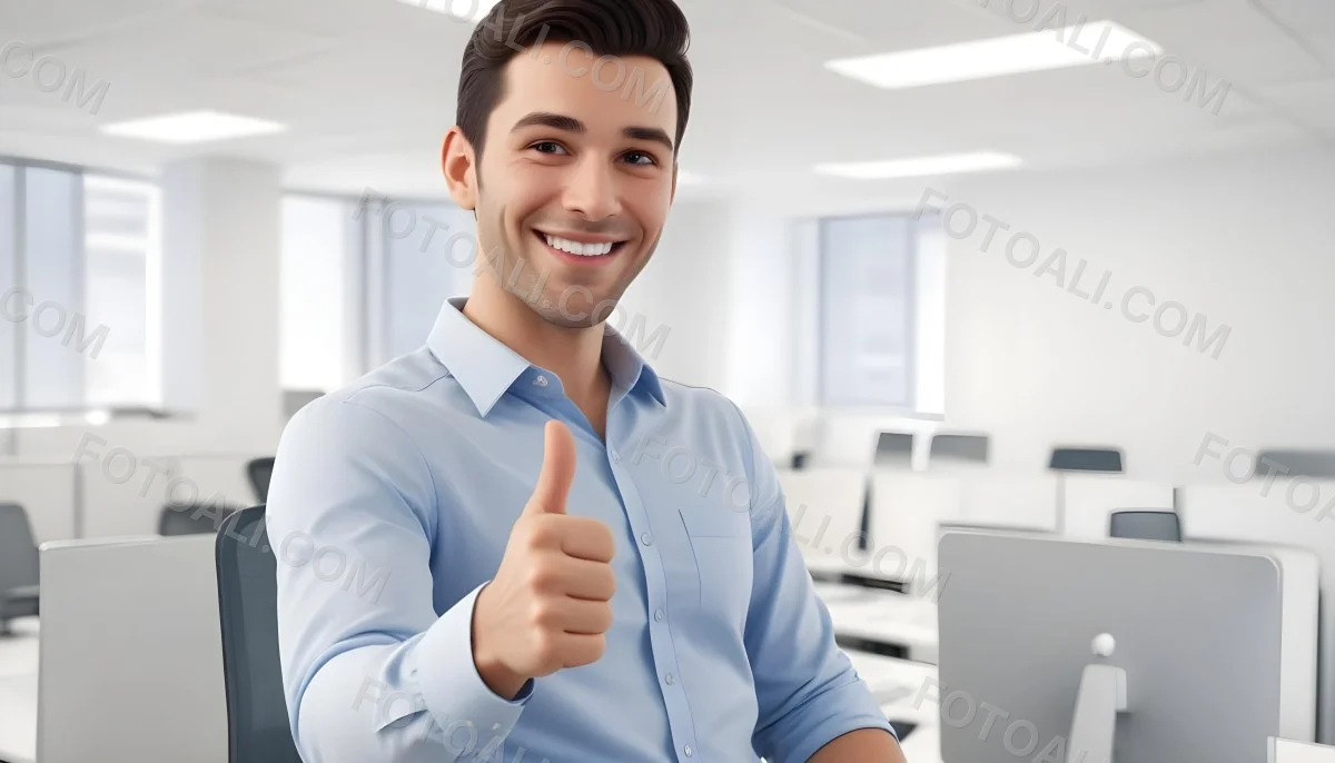 A Caucasian Man 28 Years Old Dark Hair Smiling And Doing A Thumbs Up In A Bright Office 34 7daa