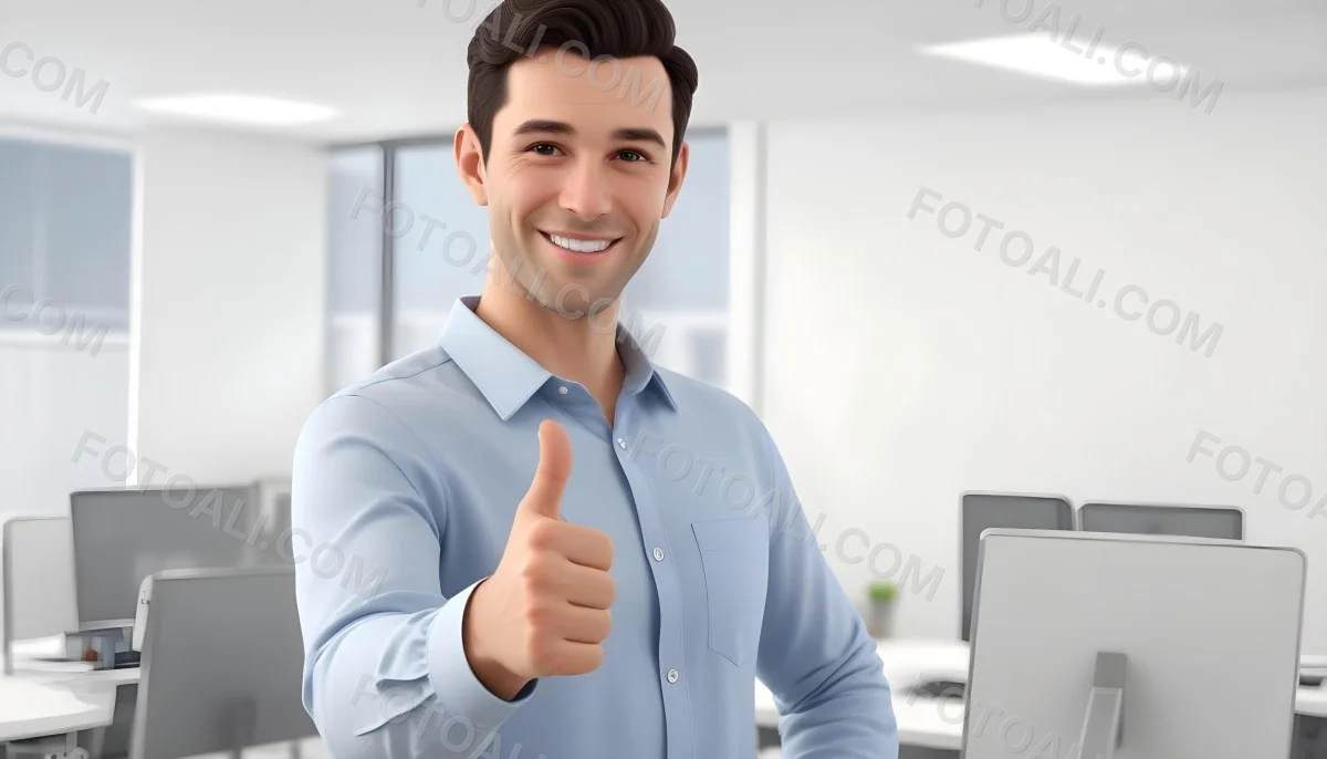 A Caucasian Man 28 Years Old Dark Hair Smiling And Doing A Thumbs Up In A Bright Office 35 1652