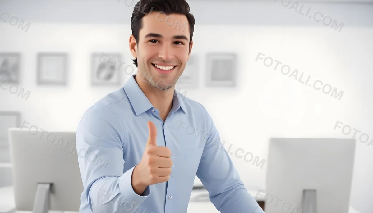 A Caucasian Man 28 Years Old Dark Hair Smiling And Doing A Thumbs Up In A Bright Office 6 D64e