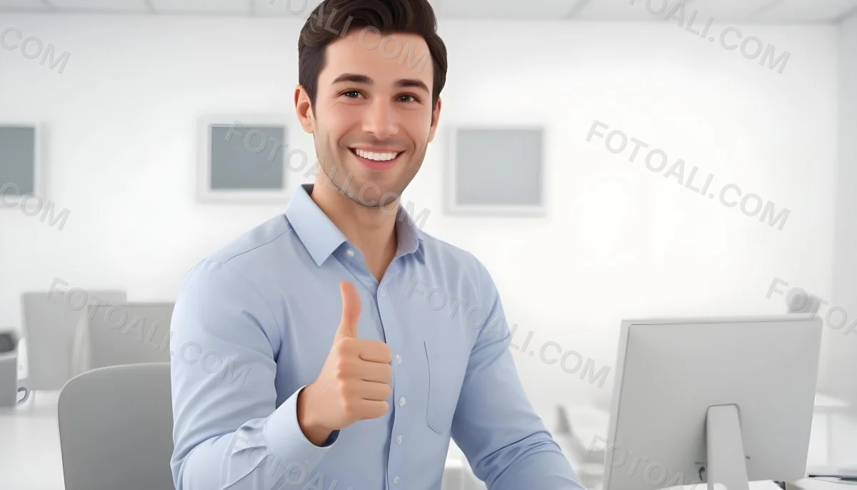 A Caucasian Man 28 Years Old Dark Hair Smiling And Doing A Thumbs Up In A Bright Office 8 D026