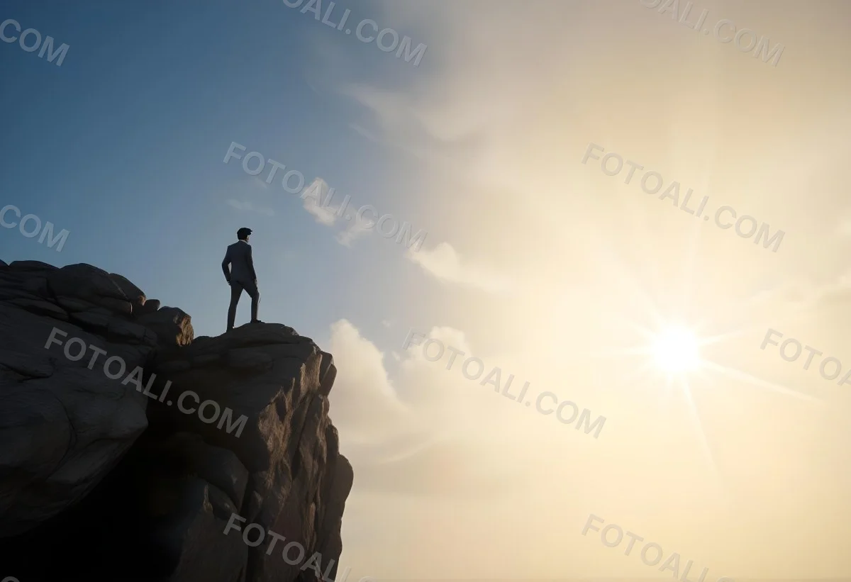 A Caucasian Man 30 Years Old With Black Hair Wearing A Suit Standing On A Cliff With A Cloudy Sky And The Sun In The Background 1 D87a