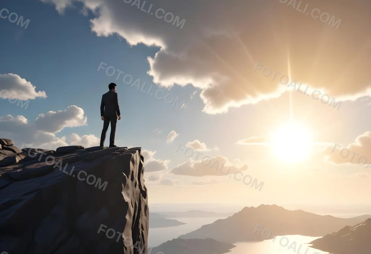 A Caucasian Man 30 Years Old With Black Hair Wearing A Suit Standing On A Cliff With A Cloudy Sky And The Sun In The Background 19 B5c2