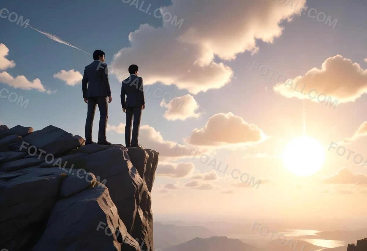 A Caucasian Man 30 Years Old With Black Hair Wearing A Suit Standing On A Cliff With A Cloudy Sky And The Sun In The Background 22 120e
