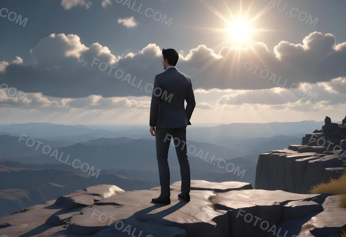 A Caucasian Man 30 Years Old With Black Hair Wearing A Suit Standing On A Cliff With A Cloudy Sky And The Sun In The Background 26 8af4