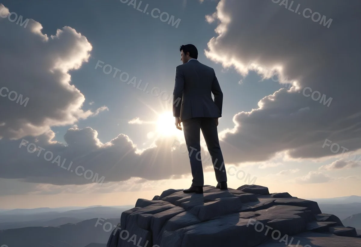A Caucasian Man 30 Years Old With Black Hair Wearing A Suit Standing On A Cliff With A Cloudy Sky And The Sun In The Background 31 C28e