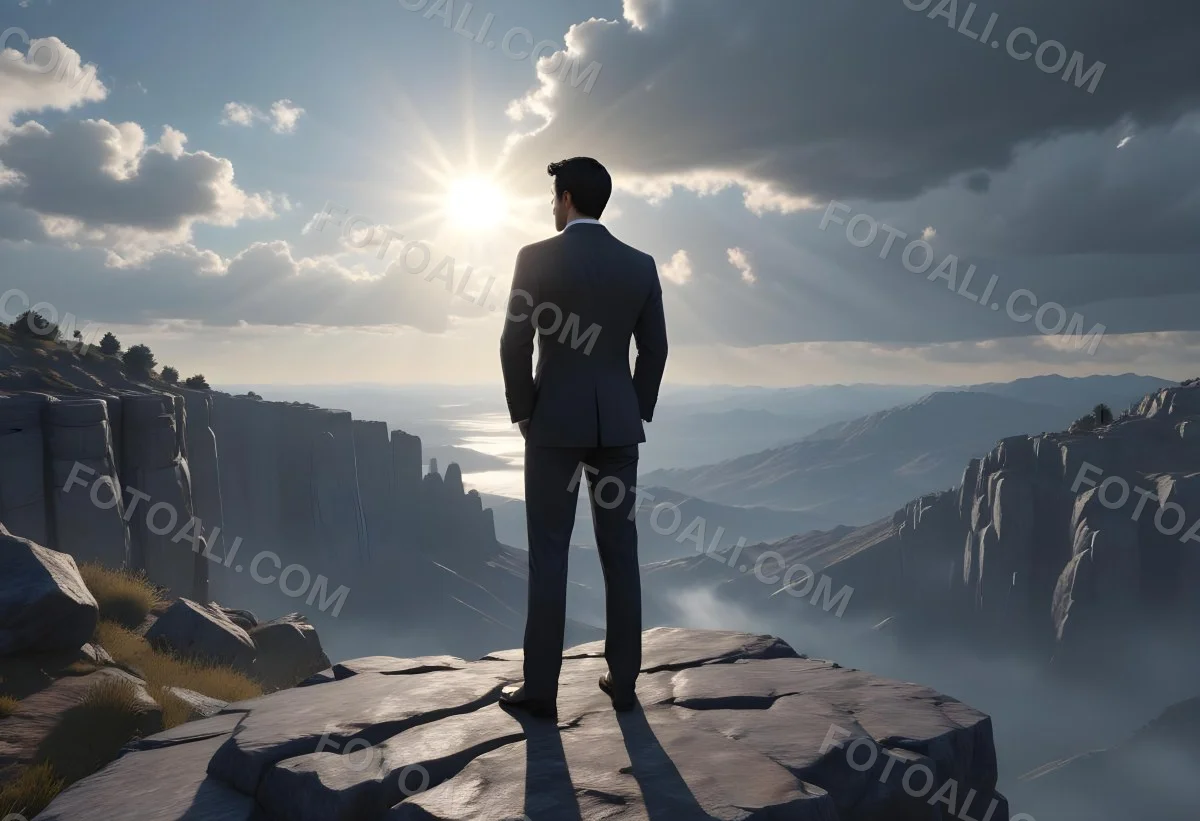 A Caucasian Man 30 Years Old With Black Hair Wearing A Suit Standing On A Cliff With A Cloudy Sky And The Sun In The Background 35 Cd17