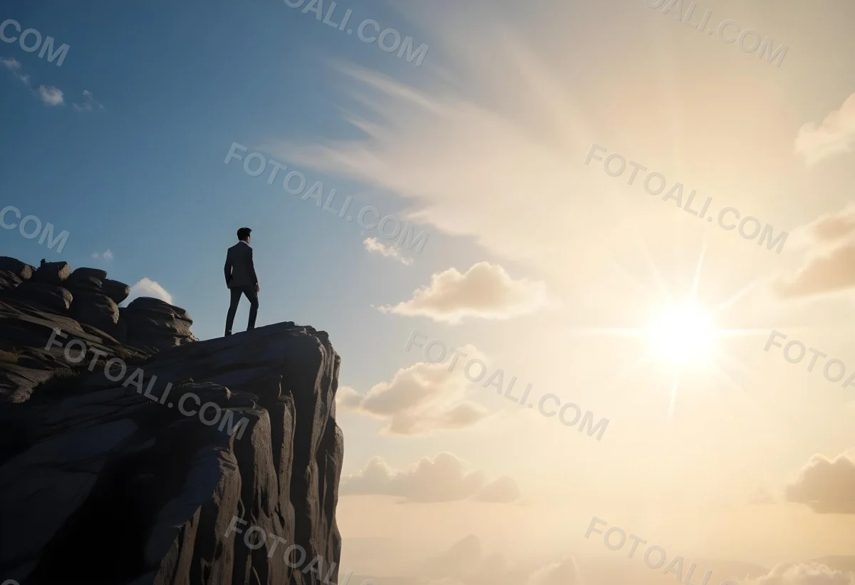 A Caucasian Man 30 Years Old With Black Hair Wearing A Suit Standing On A Cliff With A Cloudy Sky And The Sun In The Background 40 1802
