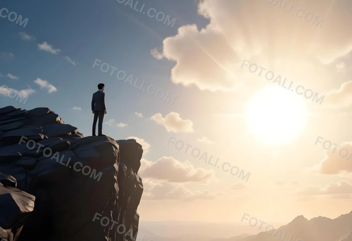 A Caucasian Man 30 Years Old With Black Hair Wearing A Suit Standing On A Cliff With A Cloudy Sky And The Sun In The Background 44 35c8
