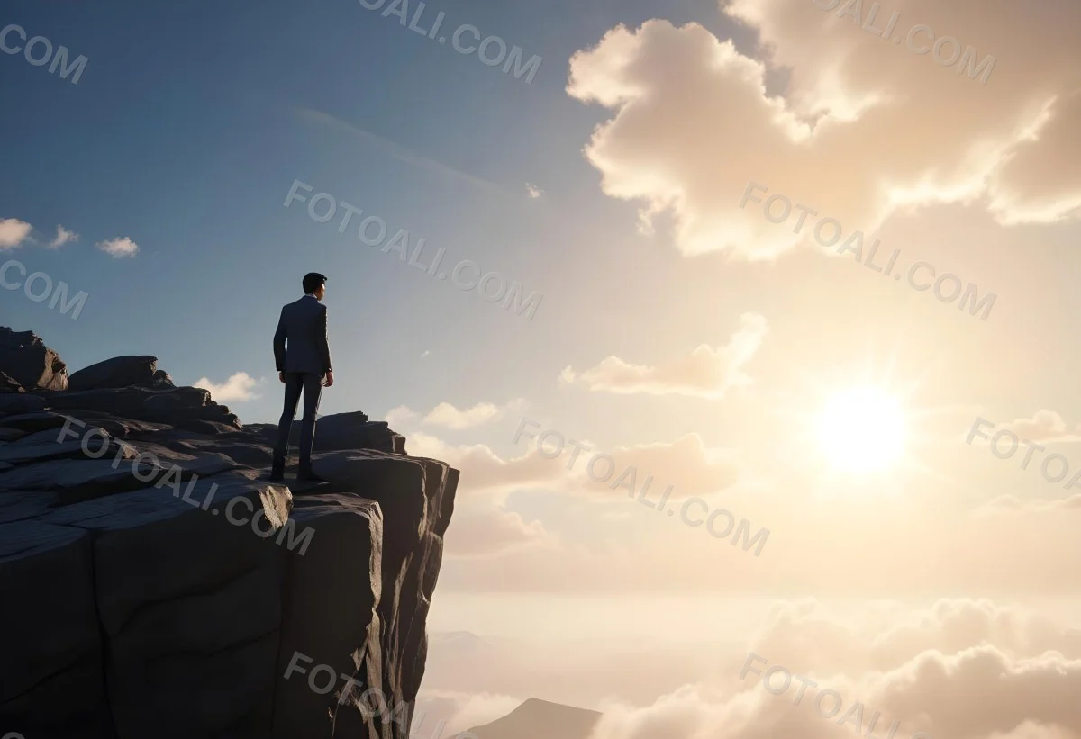 A Caucasian Man 30 Years Old With Black Hair Wearing A Suit Standing On A Cliff With A Cloudy Sky And The Sun In The Background 46 C131