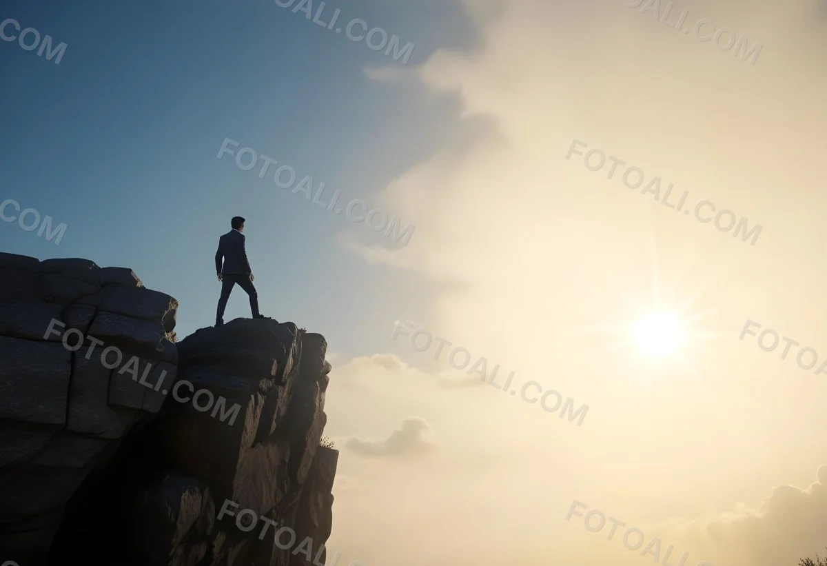 A Caucasian Man 30 Years Old With Black Hair Wearing A Suit Standing On A Cliff With A Cloudy Sky And The Sun In The Background 5 D423