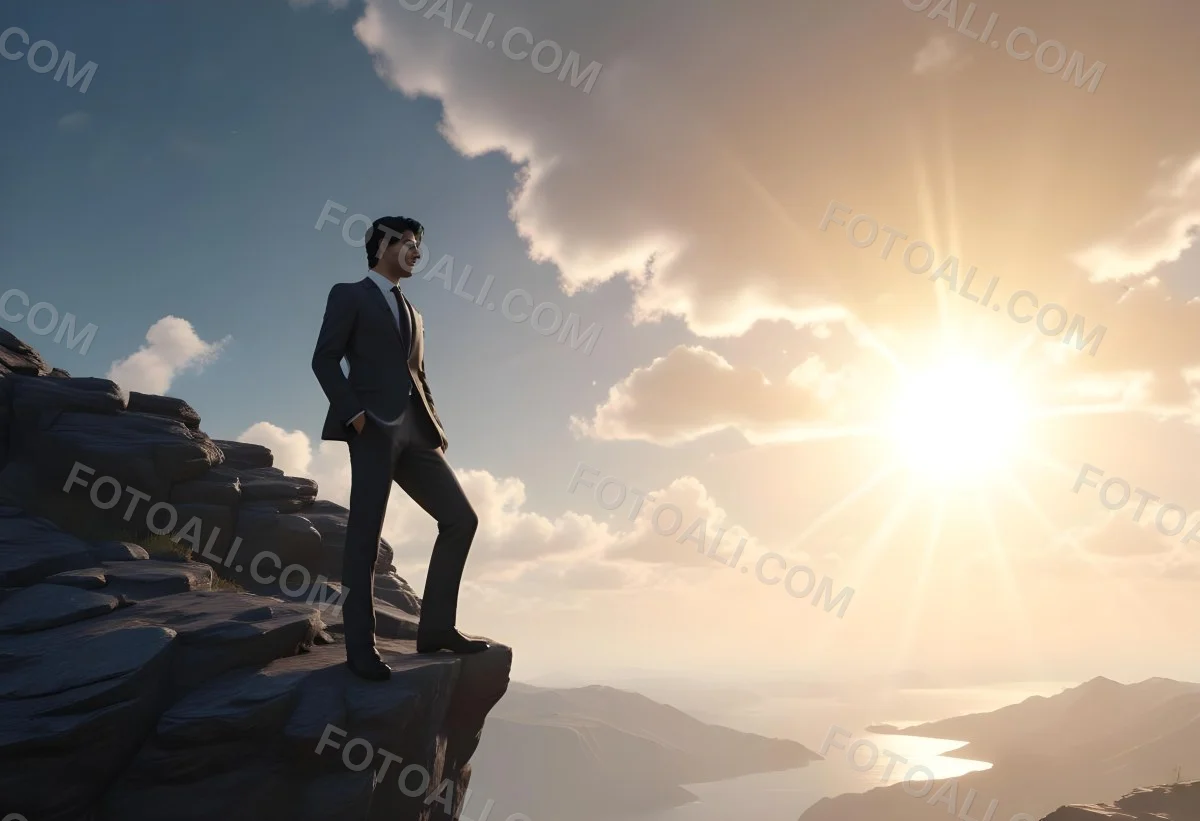 A Caucasian Man 30 Years Old With Black Hair Wearing A Suit Standing On A Cliff With A Cloudy Sky And The Sun In The Background 50 C750