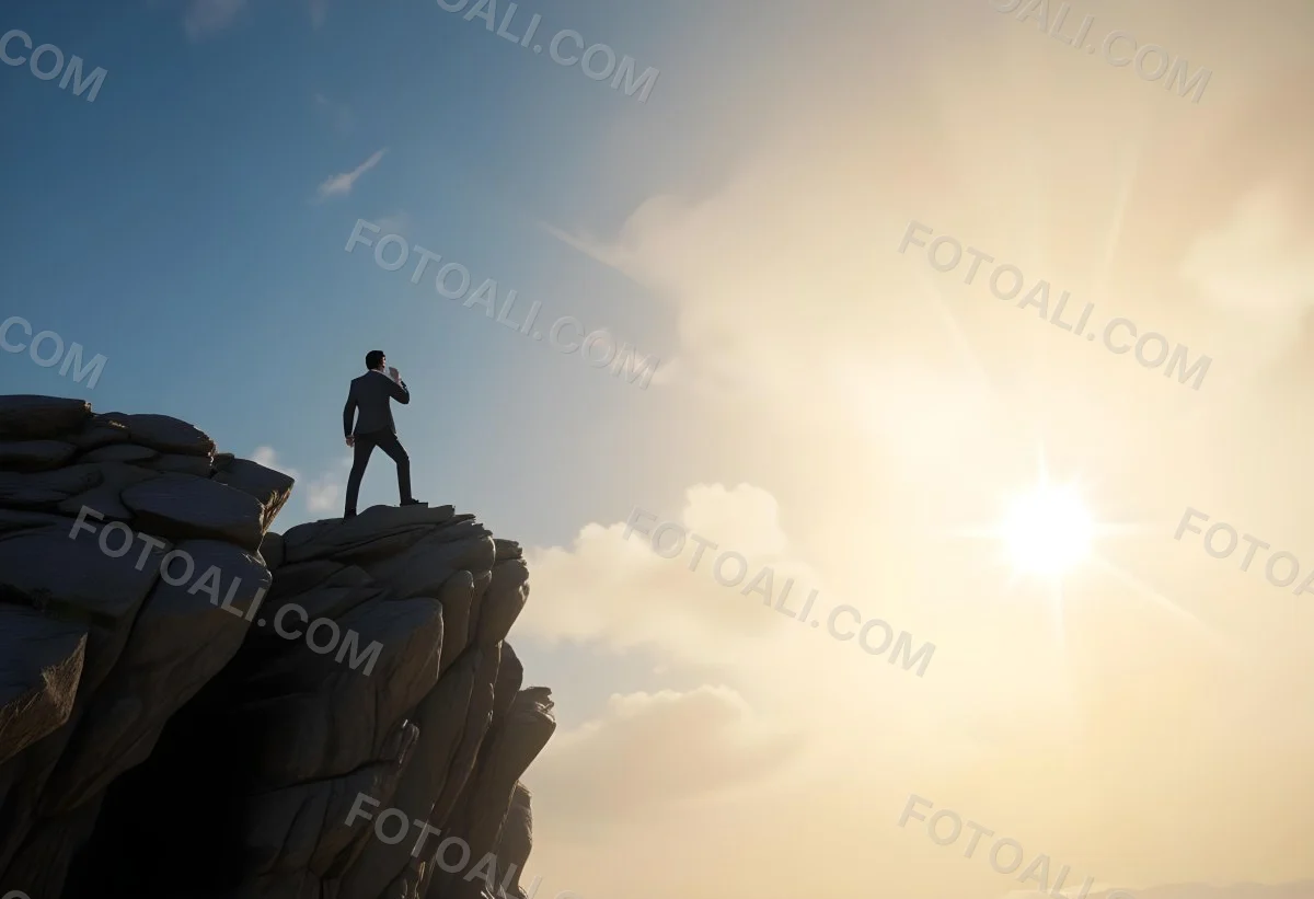 A Caucasian Man 30 Years Old With Black Hair Wearing A Suit Standing On A Cliff With A Cloudy Sky And The Sun In The Background 7 8da9