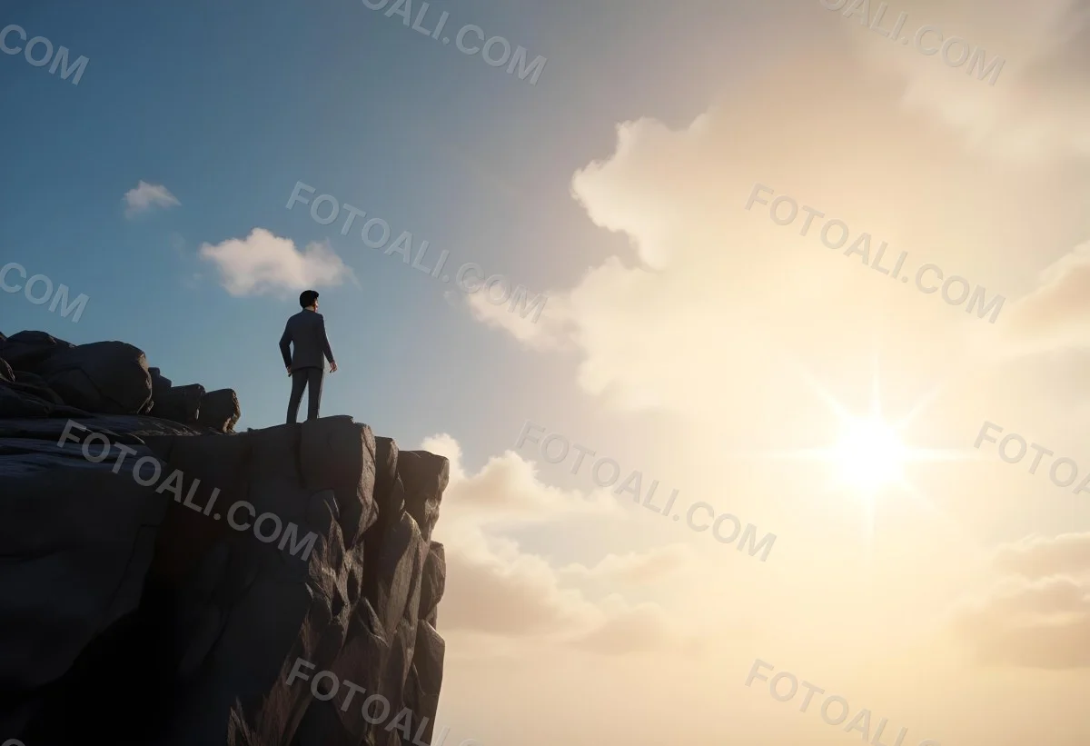 A Caucasian Man 30 Years Old With Black Hair Wearing A Suit Standing On A Cliff With A Cloudy Sky And The Sun In The Background 9 37cf