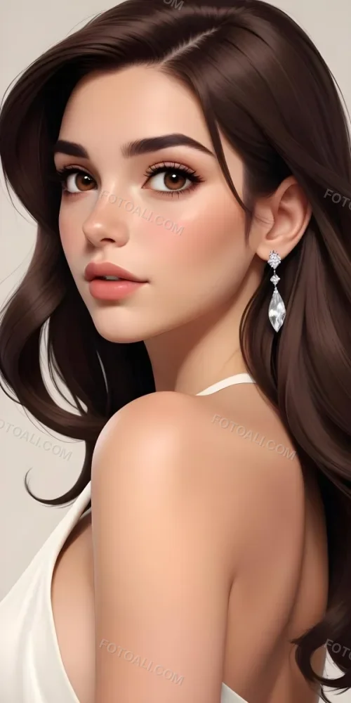 A Caucasian Woman 22 Years Old Long Brown Hair Brown Eyes Wearing Diamond Earrings Light Skin In A White Dress Brown Blush Brown Lips Plain Background 14 6d2c