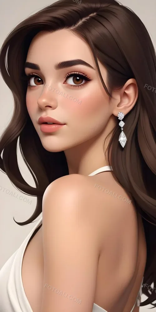A Caucasian Woman 22 Years Old Long Brown Hair Brown Eyes Wearing Diamond Earrings Light Skin In A White Dress Brown Blush Brown Lips Plain Background 22 9f03