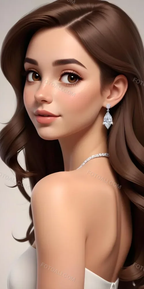 A Caucasian Woman 22 Years Old Long Brown Hair Brown Eyes Wearing Diamond Earrings Light Skin In A White Dress Brown Blush Brown Lips Plain Background 23 C678