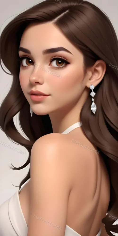 A Caucasian Woman 22 Years Old Long Brown Hair Brown Eyes Wearing Diamond Earrings Light Skin In A White Dress Brown Blush Brown Lips Plain Background 33 4061