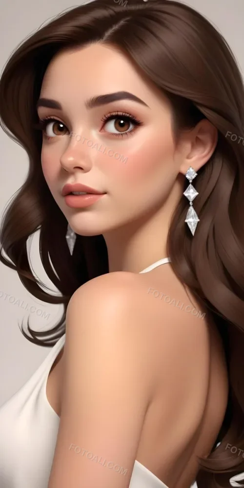 A Caucasian Woman 22 Years Old Long Brown Hair Brown Eyes Wearing Diamond Earrings Light Skin In A White Dress Brown Blush Brown Lips Plain Background 38 7a4b