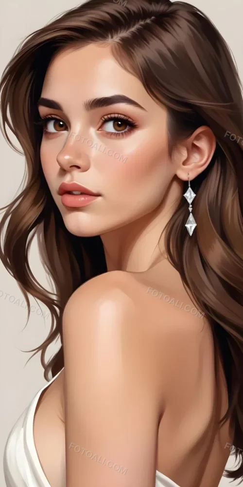 A Caucasian Woman 22 Years Old Long Brown Hair Brown Eyes Wearing Diamond Earrings Light Skin In A White Dress Brown Blush Brown Lips Plain Background 40 68fd