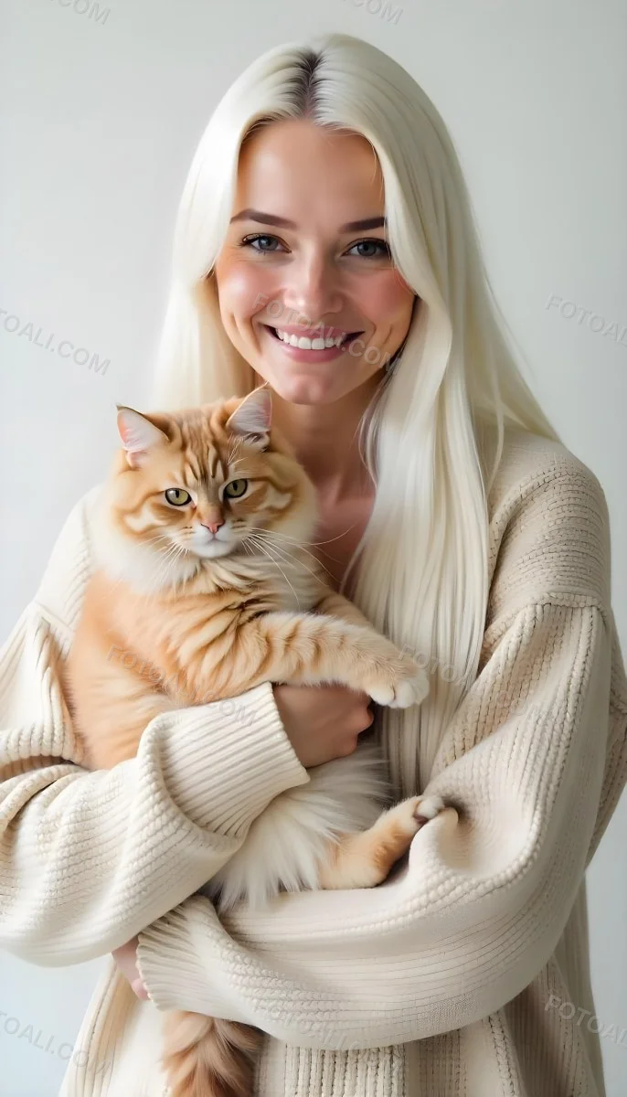 A Caucasian Woman 22 Years Old With Long White Hair Holding A Fluffy Cat With Brown Eyes Wearing A Beige Sweater White Background 1 440a