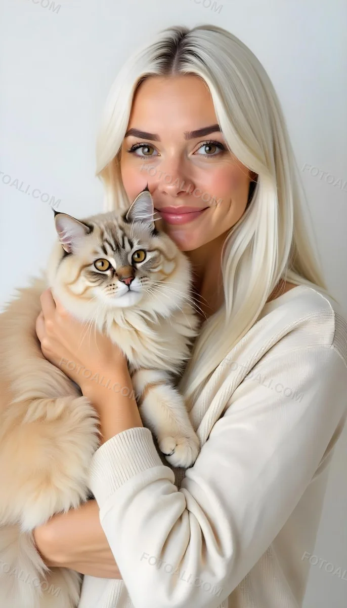 A Caucasian Woman 22 Years Old With Long White Hair Holding A Fluffy Cat With Brown Eyes Wearing A Beige Sweater White Background 10 7a31