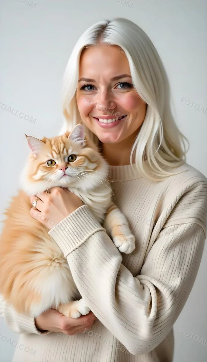 A Caucasian Woman 22 Years Old With Long White Hair Holding A Fluffy Cat With Brown Eyes Wearing A Beige Sweater White Background 11 F500