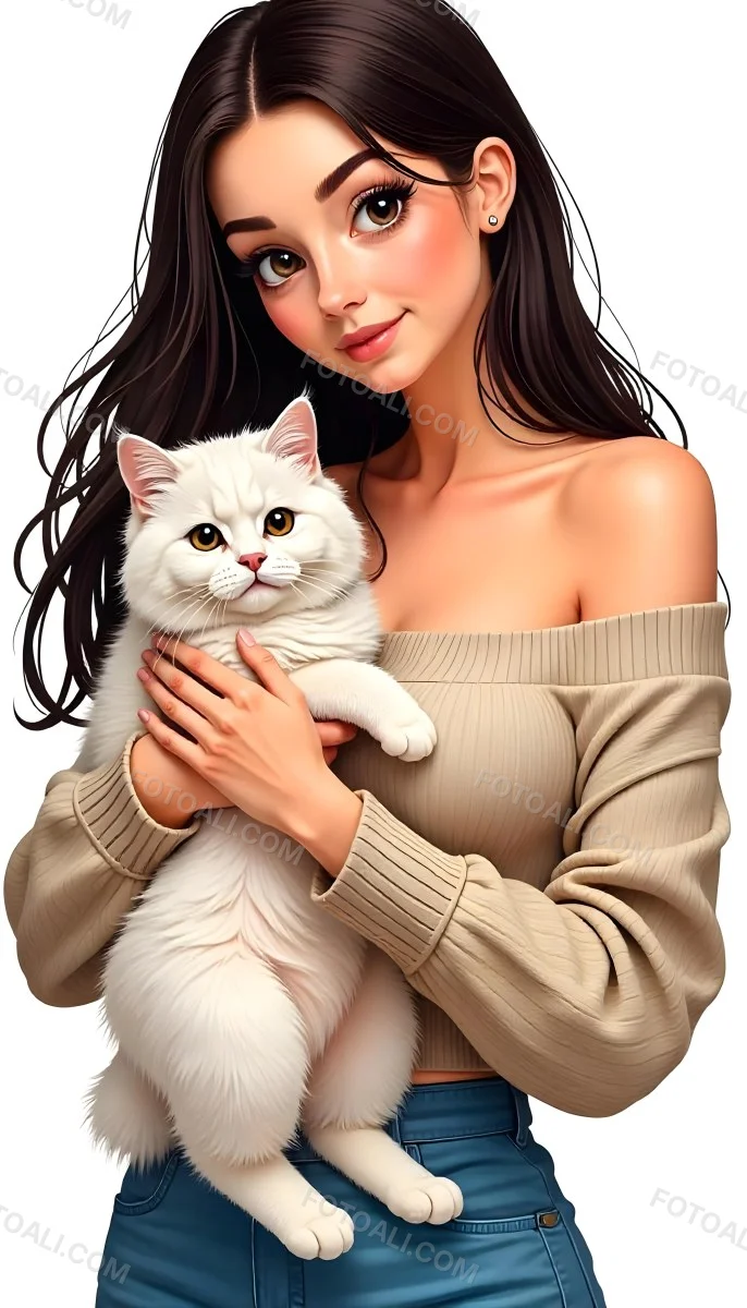 A Caucasian Woman 22 Years Old With Long White Hair Holding A Fluffy Cat With Brown Eyes Wearing A Beige Sweater White Background 14 9d53