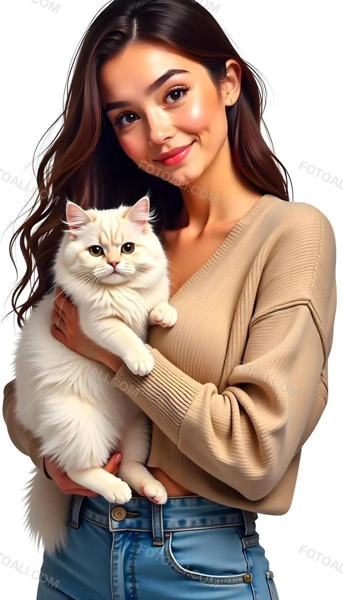 A Caucasian Woman 22 Years Old With Long White Hair Holding A Fluffy Cat With Brown Eyes Wearing A Beige Sweater White Background 15 2a7e