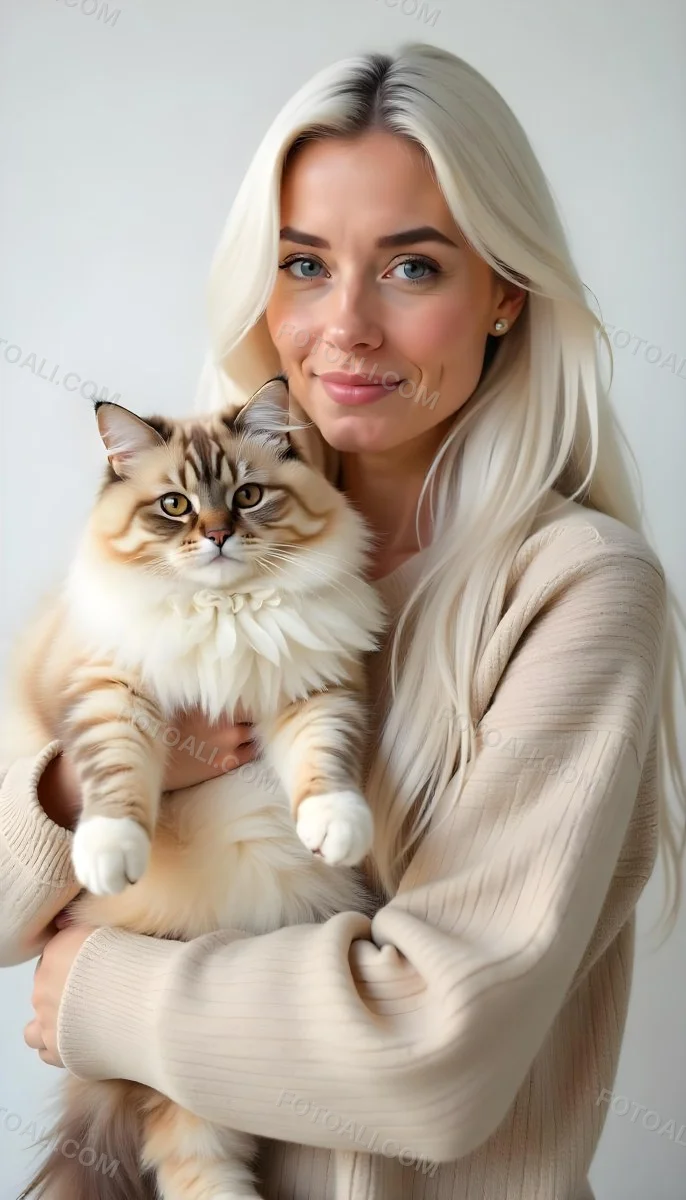 A Caucasian Woman 22 Years Old With Long White Hair Holding A Fluffy Cat With Brown Eyes Wearing A Beige Sweater White Background 18 8ad1