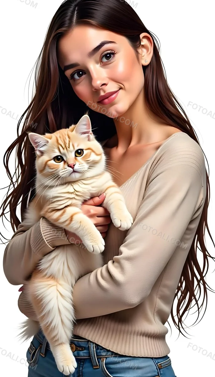 A Caucasian Woman 22 Years Old With Long White Hair Holding A Fluffy Cat With Brown Eyes Wearing A Beige Sweater White Background 20 Eb36