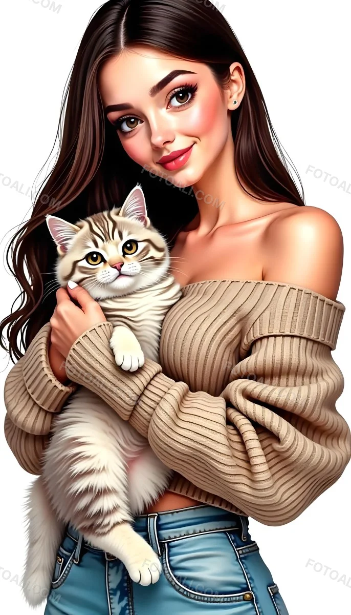A Caucasian Woman 22 Years Old With Long White Hair Holding A Fluffy Cat With Brown Eyes Wearing A Beige Sweater White Background 22 E82e