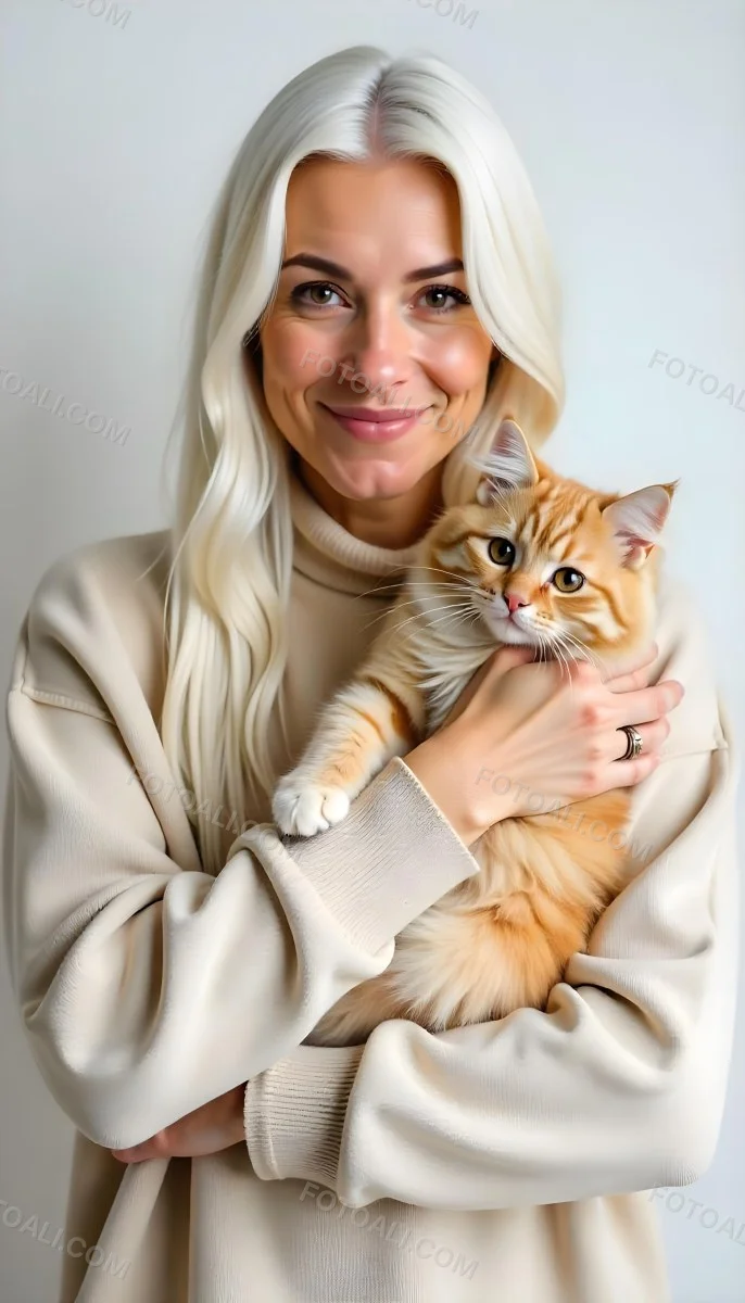 A Caucasian Woman 22 Years Old With Long White Hair Holding A Fluffy Cat With Brown Eyes Wearing A Beige Sweater White Background 3 6ea1