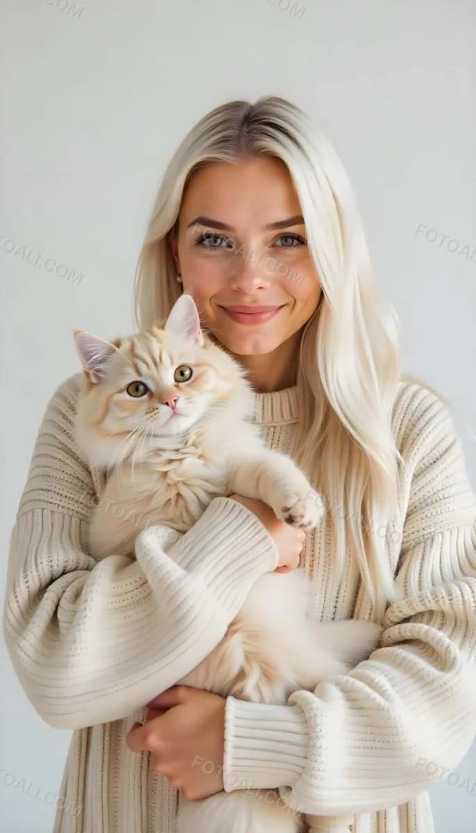 A Caucasian Woman 22 Years Old With Long White Hair Holding A Fluffy Cat With Brown Eyes Wearing A Beige Sweater White Background 4 09b5
