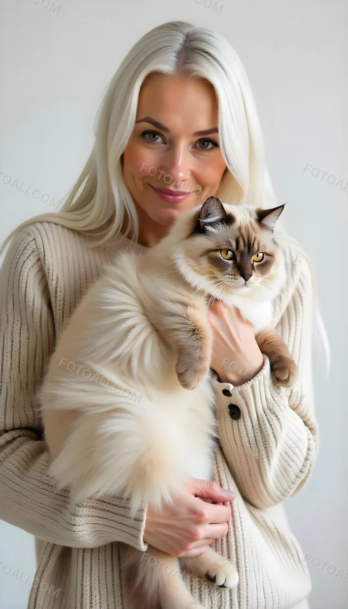 A Caucasian Woman 22 Years Old With Long White Hair Holding A Fluffy Cat With Brown Eyes Wearing A Beige Sweater White Background 6 8ff6