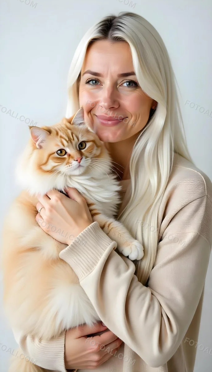 A Caucasian Woman 22 Years Old With Long White Hair Holding A Fluffy Cat With Brown Eyes Wearing A Beige Sweater White Background 8 21eb