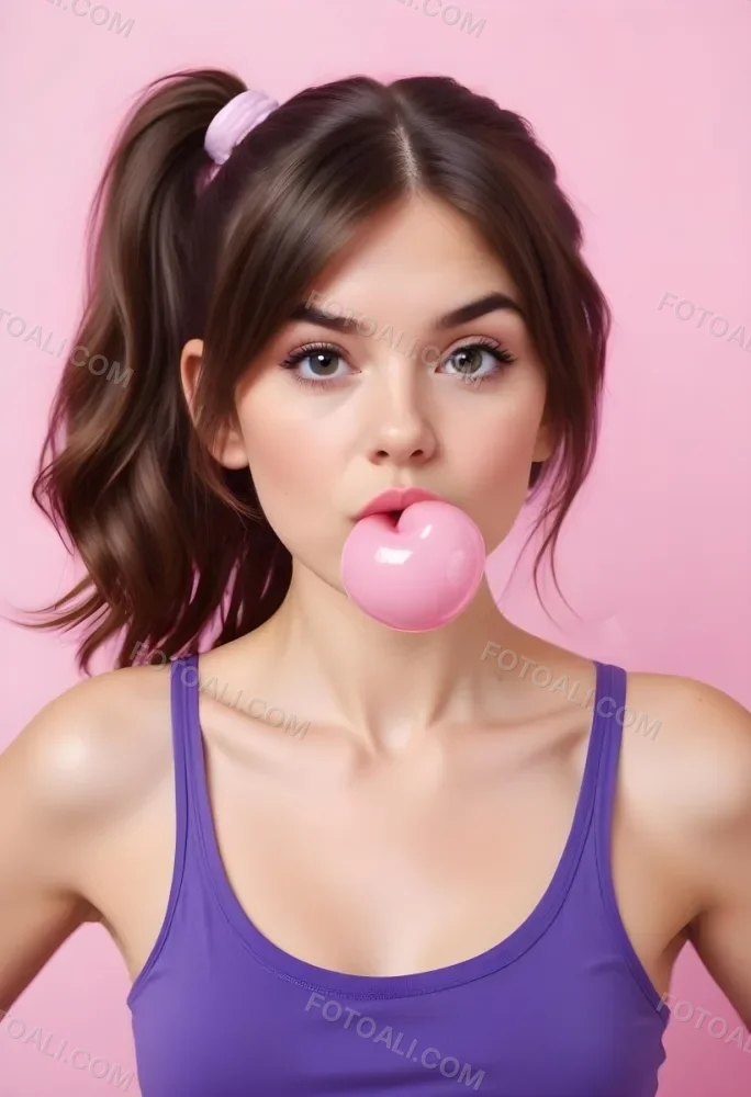 A Caucasian Woman 23 Years Old Blowing A Pink Bubblegum Brown Hair In A Ponytail Wearing A Purple Top Pink Background 13 1665