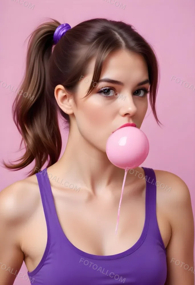 A Caucasian Woman 23 Years Old Blowing A Pink Bubblegum Brown Hair In A Ponytail Wearing A Purple Top Pink Background 14 7228