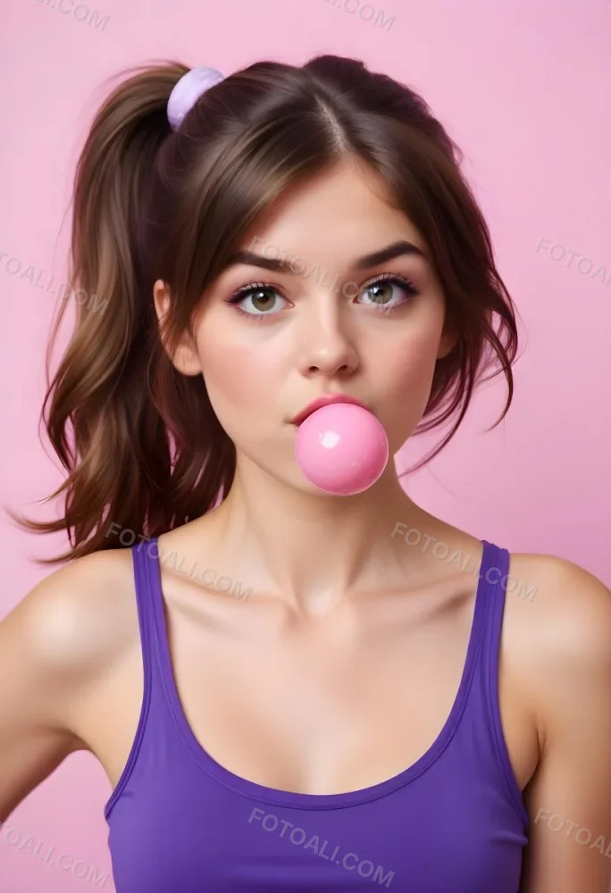 A Caucasian Woman 23 Years Old Blowing A Pink Bubblegum Brown Hair In A Ponytail Wearing A Purple Top Pink Background 18 Db3e