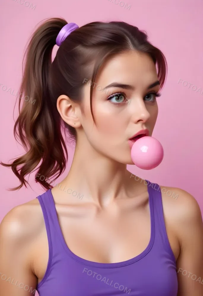 A Caucasian Woman 23 Years Old Blowing A Pink Bubblegum Brown Hair In A Ponytail Wearing A Purple Top Pink Background 19 5a83