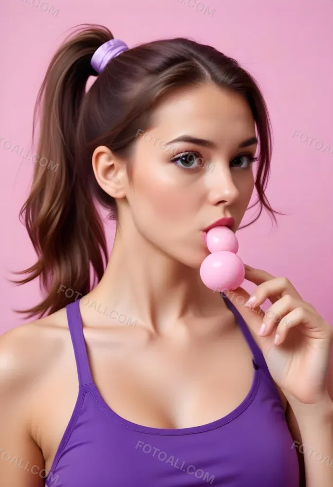 A Caucasian Woman 23 Years Old Blowing A Pink Bubblegum Brown Hair In A Ponytail Wearing A Purple Top Pink Background 23 Da37