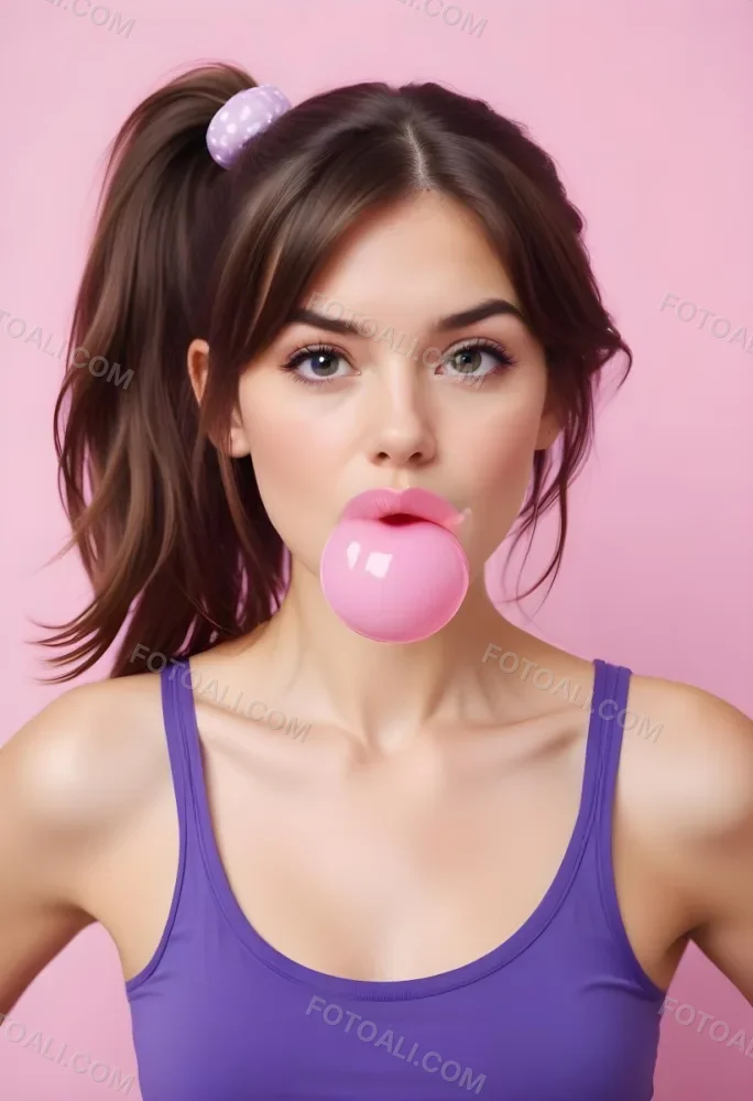 A Caucasian Woman 23 Years Old Blowing A Pink Bubblegum Brown Hair In A Ponytail Wearing A Purple Top Pink Background 24 120c