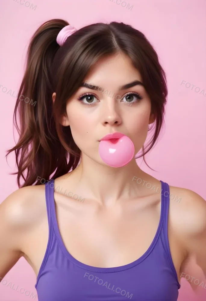 A Caucasian Woman 23 Years Old Blowing A Pink Bubblegum Brown Hair In A Ponytail Wearing A Purple Top Pink Background 30 E708