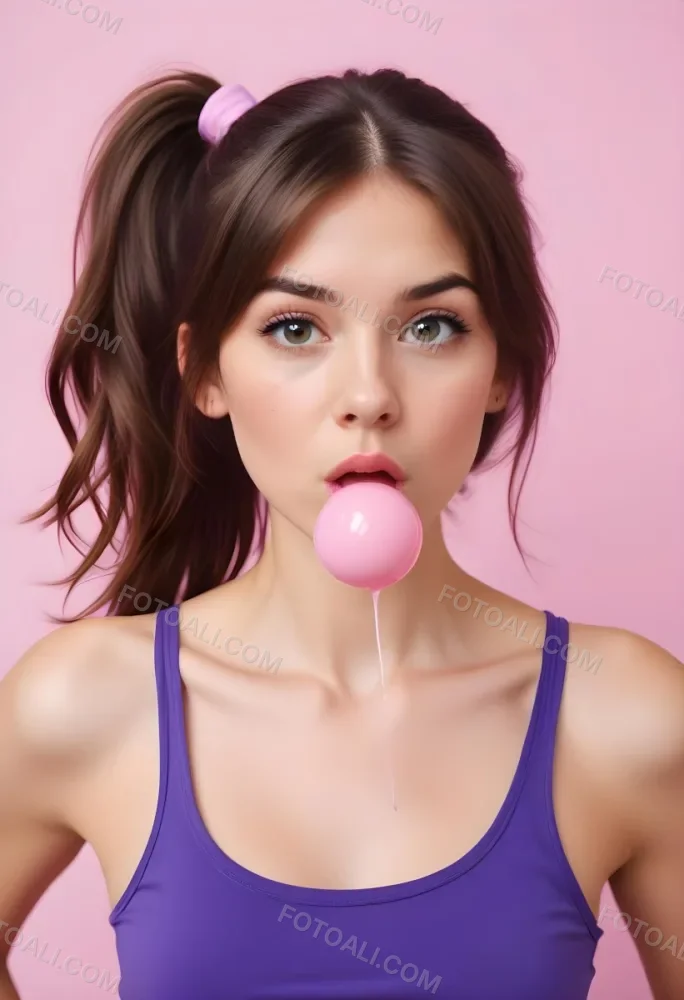 A Caucasian Woman 23 Years Old Blowing A Pink Bubblegum Brown Hair In A Ponytail Wearing A Purple Top Pink Background 5 8f9b