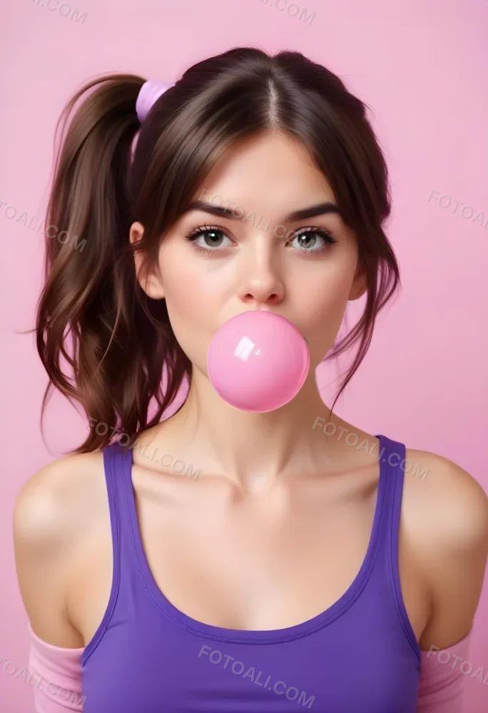 A Caucasian Woman 23 Years Old Blowing A Pink Bubblegum Brown Hair In A Ponytail Wearing A Purple Top Pink Background 9 D63f