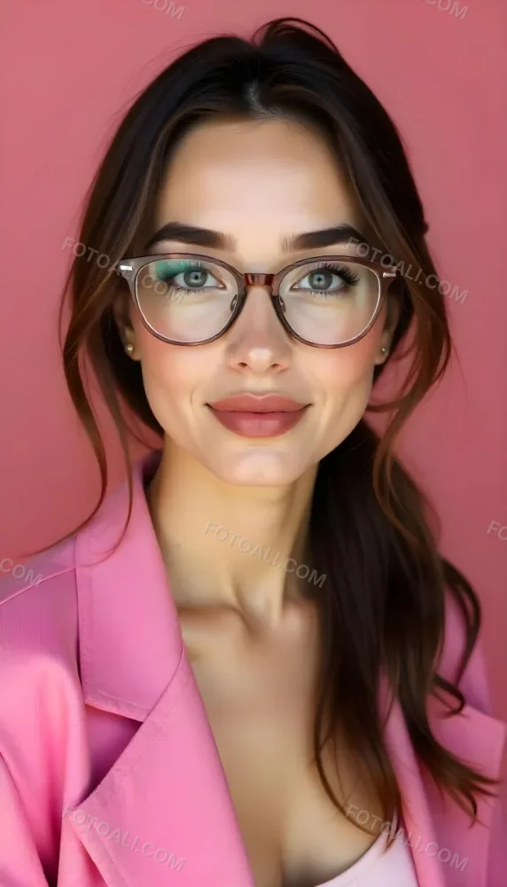 A Caucasian Woman 23 Years Old Pink Makeup Brown Lips Wearing Glasses Brown Hair Pink Jacket In A Studio 32 A75c