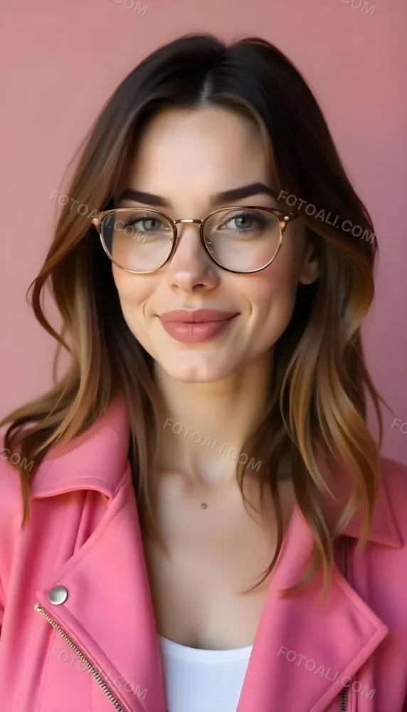 A Caucasian Woman 23 Years Old Pink Makeup Brown Lips Wearing Glasses Brown Hair Pink Jacket In A Studio 35 4c4e