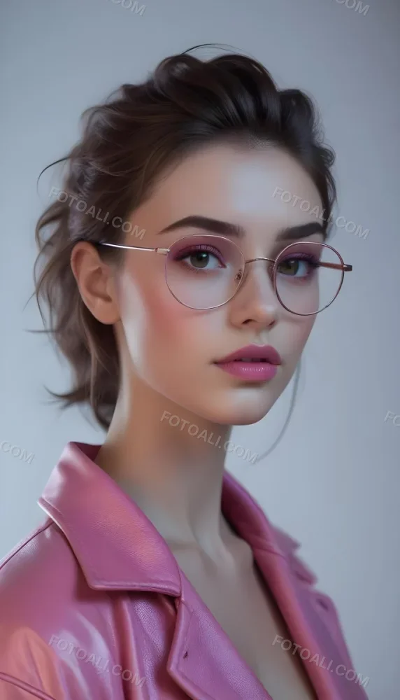 A Caucasian Woman 23 Years Old Pink Makeup Brown Lips Wearing Glasses Brown Hair Pink Jacket In A Studio 40 891d