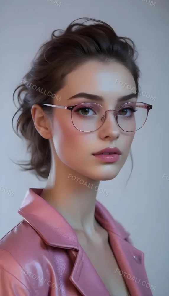 A Caucasian Woman 23 Years Old Pink Makeup Brown Lips Wearing Glasses Brown Hair Pink Jacket In A Studio 43 6a69