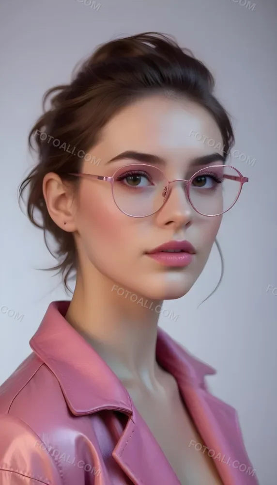 A Caucasian Woman 23 Years Old Pink Makeup Brown Lips Wearing Glasses Brown Hair Pink Jacket In A Studio 45 C151