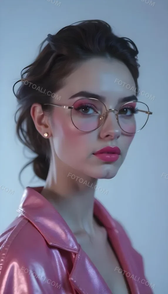 A Caucasian Woman 23 Years Old Pink Makeup Brown Lips Wearing Glasses Brown Hair Pink Jacket In A Studio 5 0235